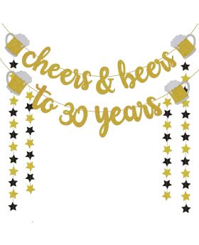 30th Birthday Decorations for Him / Her - 30th Birthday Gifts - Cheers & Beers to 30 Years Gold Glitter Banner - 30th Anniversary Decorations for Party, 30th Wedding Party Supplies for Men / Women