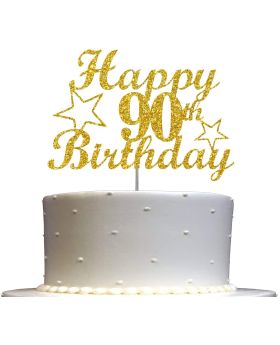 90 Birthday Cake Topper Gold Glitter, 90th Party Decoration Ideas, Premium Quality, Sturdy Doubled Sided Glitter