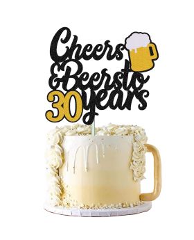 30s Birthday Cake Topper Cheers to 30 Years Decor for Men Women Him Her Happy 30th Birthday Wedding Anniversary Party Supplies Black Glitter Decorations