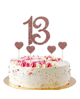 5pcs of 13 Cake Topper with Heart Cupcake Toppers for 13th Birthday - Rose Gold Glitter