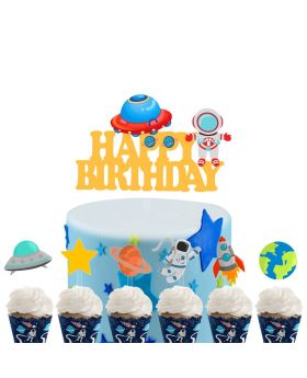 7Pcs of Outer Space Happy Birthday Cake Topper & Cupcake Toppers For Space Party Decoration, Little Astronaut Birthday Decoration 