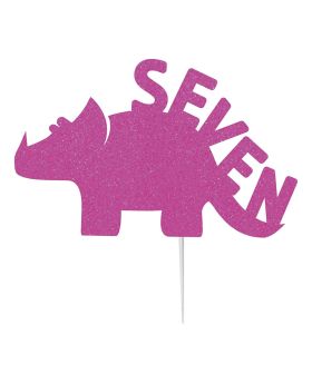 "Seven" Dinosaur Cake Topper - Hot Pink Glitter For Kid's 7th Birthday Party Theme Jurassic world