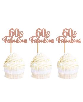 24 Pack 60 & Fabulous Cupcake Toppers Glitter 60th Anniversary cake picks 60th Birthday Wedding Party Cake Decorations Supplies Rose Gold