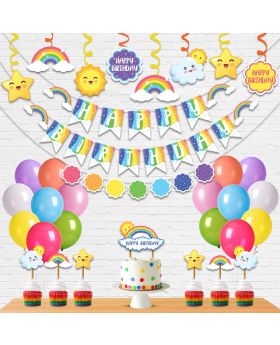 Colorful Rainbow & Cloud 36pcs Combo of Banner, Swirls, Latex Balloons, Cake Toppers, Cup Cake Topper For Theme Birthday Party Decorations 