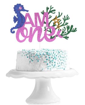 "I AM ONE" Mermaid theme Birthday Cake Topper - First birthday Starfish mermaid tail cake decoration supplies 