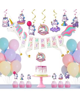 35 pcs- Unicorn Theme Combo, Kids Birthday Party Decoration Supplies (Banner/Bunting, Swirls, Balloons, Cake Toppers, Cup Cake Toppers, Ribbons)