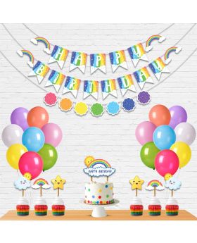 Colorful Rainbow & Cloud 28Pcs Combo of Banner, Latex Balloons, Cake Toppers, Cup Cake Topper & Ribbons For Boys/Girls/Kids Theme Birthday Party Decorations