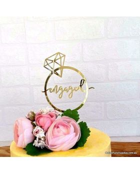 Gold Engaged Cake Topper with Ring For Engagement, Wedding & Wedding Shower 