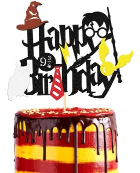 Glitter Magical Wizard Happy Birthday Cake Topper, Harry Potter Inspired Cake Pick, Decorations for Wizard Theme Birthday Halloween Party Supplies