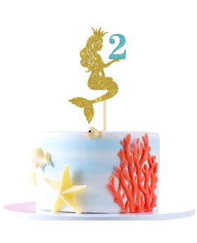 2nd birthday (Gold Glitter) Mermaid theme Cake Topper - Two Years Old Birthday Party Supplies