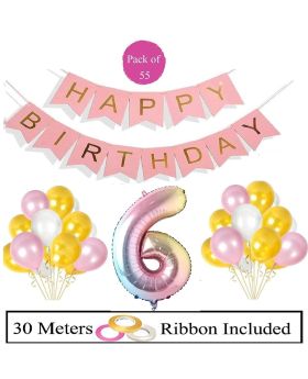6th Birthday Decoration Combo 55pcs Decoration Item - Pink HBD Banner Rainbow Foil Balloons & Pink, White, Gold Balloons