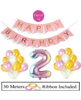 2nd Birthday Decoration Combo 55pcs Decoration Item - Pink HBD Banner Rainbow Foil Balloons & Pink, White, Gold Balloons