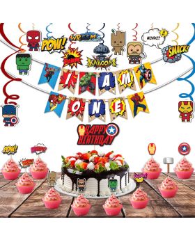 Festiko 36 Pcs Superhero Theme I Am One Birthday Combo, Superhero Combo (Banner,Swirls,Cake Topper,Cup Cake Toppers)