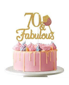 70 & Fabulous Cake Topper - Happy 70th Birthday Cheers to 70 Years Cake Topper Gold Glitter
