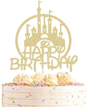 Castle Birthday Cake Topper - Gold Glitter Castle Theme Birthday Party Cake Decoration Supplies - Princess Theme Happy Birthday Cake Topper 