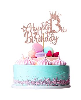 13th Birthday Decorations for Girls, Glitter Rose Gold Happy 13th Birthday Cake Topper
