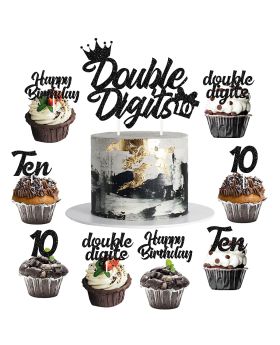 Black 25 Pcs 10th Birthday Cake & Cupcake Toppers Double Digits, Happy Birthday, 10, Ten for Kids Space Theme Birthday Party