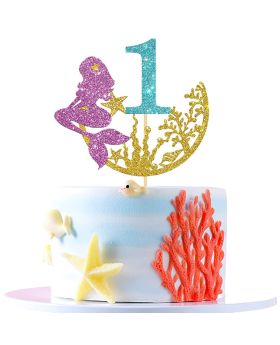 1st birthday Mermaid theme Cake Topper, Ocean Themed Party Decorations supplies-Glitter