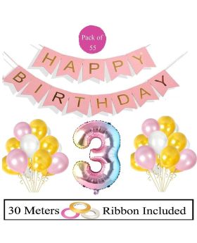3rd Birthday Decoration Combo 55pcs Decoration Item - Pink HBD Banner Rainbow Foil Balloons & Pink, White, Gold Balloons