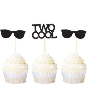 24 Pack Two Cool Glasses Cupcake Toppers Black Glitter 2nd Birthday Cupcake Picks Baby Shower Kids Second Birthday Party Cake Decorations