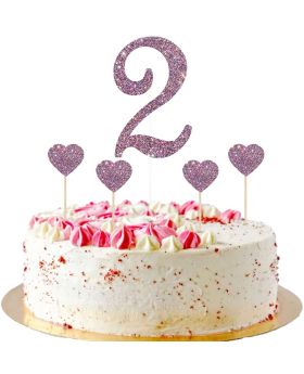 2 Cake Topper for 2nd Birthday Cake Topper with Heart Cupcake Toppers, Number Two, 2 Years Old, Children Birthday Wedding Anniversary Party Decorations (Mixed Purple Glitter 5pcs)