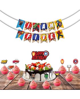 Festiko 12 Pcs Superhero Theme I Am Five Birthday Combo, Superhero Combo (Banner,Cake Topper,Cup Cake Toppers)