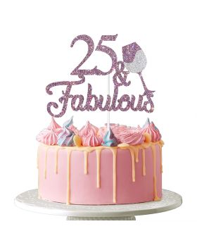 25 & Fabulous Cake Topper - Happy 25th Birthday Cheers to 25 Years Cake Topper Purple Glitter