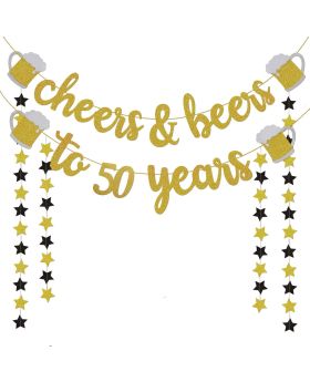 50th Birthday Decorations for Men / Women - 50th Birthday Gifts - Cheers & Beers to 50 Years Gold Glitter Banner - 50th Anniversary Decorations for Party, 50th Wedding Party Supplies for Couple