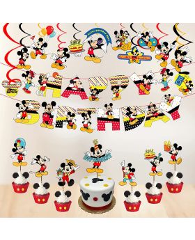 Mickey Mouse Theme Birthday Party Decoration Item Combo Pack, Mickey Happy Birthday Decoration, Mickey Mouse Themed Party Supplies (Banner, Swirls,Cake Topper & Cup Cake Toppers)