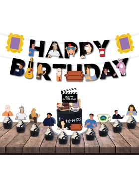 12Pcs Friends BLACK Themed Combo3 - Banner, Cake Topper & Cupcake Topper For Friends Birthday Party Decorations- Friends tv Show Party Decorations & Birthday Party Celebration