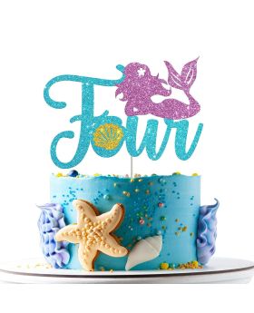 4th Birthday Mermaid theme cake topper, Little Mermaid Birthday Party Decoration Supplies, Under The Sea Themed, Ocean Themed-Glitter