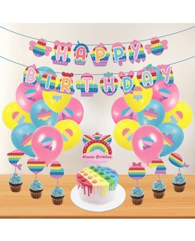 Combo 3 of 28Pcs Pop it up Theme Birthday Decorations Banner Banner, Cake Topper, Cup Cake Toppers & Multicolor Balloons For Kid's Birthday Party
