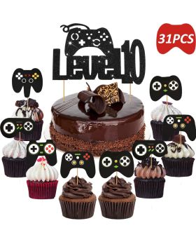 31 Pcs Video Gaming Party Level up 10th Cake & Cupcake Toppers For Boy Happy Birthday Cake Decoration