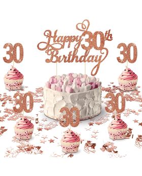 1+12 Pack 30th Birthday Party Cake Toppers For Women, Rose Gold Birthday Cake Topper with 15g Table Confetti Happy Birthday Cake Topper Cake Decoration Supplies