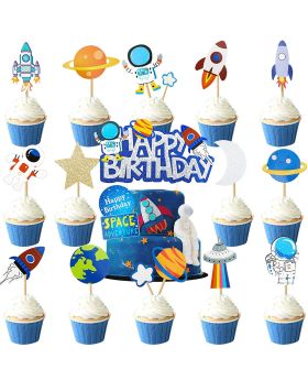 55PCS Space Rocket Spaceship Planet Astronaut and Spacecraft Cupcake Topper and  Cake Topper For Birthday Decorations