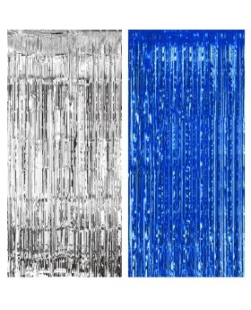 Festiko® Blue & Silver Foil Curtain Pack of 2 for Birthday, Anniversary, Marriage, Bachelorette, Halloween Decoration,Party Supplies,Party Decoration