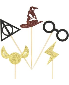  30 Pcs Glitter Wizard Cupcake Toppers, Harry Potter Inspired Cupcake Picks, Wizard Themed Cake Decoration Supplies