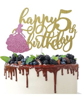 5th Birthday Princess Theme Cake Topper, Princess Theme Birthday Party Decorations, 5 Years Old Birthday Cake Decor (Gold Glitter)