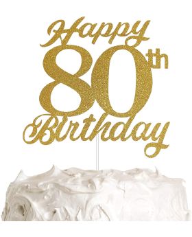 80th Birthday Cake Topper, 80th Happy Birthday Party Decoration with Premium Gold Glitter