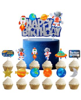 25 Pcs Space Cake & Cupcake Toppers Astronaut Rocket Planet for Kids Space Theme Birthday Party