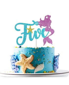 5th birthday Mermaid theme Cake Topper, Little Mermaid Birthday Party Decoration Supplies, Under The Sea Themed, Ocean Themed - Glitter