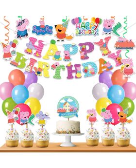 38Pcs Combo Peppa Pig with Banner/Bunting, 20 Pcs Multicolour balloons Cake Toppers, Cupcake Topper& Ribbons For Kid's Birthday Celebration