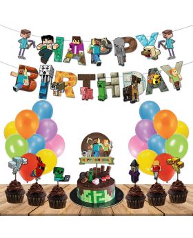 Festiko®33 Pcs Minecraft Birthday Party Decorations,Happy Birthday Decoration,Mine Craft Theme Decoration for Kids Boys Adults Party Supplies Combo Banner,Cake Topper,Cup Cake Toppers,Balloons