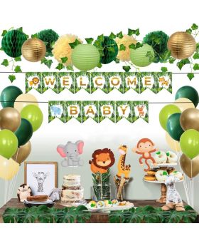 "Welcome Baby" Banner, 6pcs Jungle Foil Balloons, 16pcs Latex Balloons for Baby Shower Party Decoration
