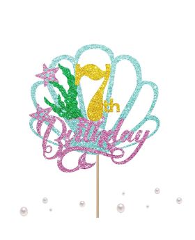 7th Birthday Mermaid theme Cake Topper, Little Mermaid Birthday Party Decoration, Under The Sea Themed Party Supplies - Gold Glitter