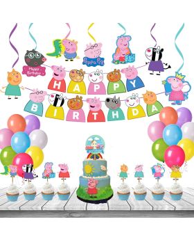 28Pcs Peppa Pig Theme Birthday Party Decoration Combo-1 with Banner/Bunting, Balloons, Cake Toppers, Cupcake Topper & Ribbons For Kids Birthday Decoration