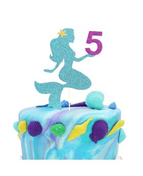 Mermaid Cake Topper for 5th Birthday -Cake Decoration for Party, Glitter Smash Cake Topper, 5 Sign Cake Flag