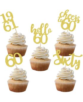 40 PCS Gold Glitter 60th Birthday Cupcake Toppers Set for 60th Birthday Celebrating Party Decorations