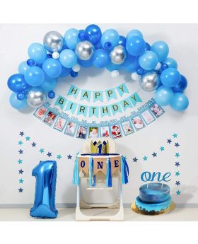 1st Prince Theme BLUE Birthday Decorations with Royal Prince Crown, Happy Birthday Banner,12 Months Photo Banner, Star Banner, 1 Foil Balloon Blue, silver Balloon Garland kit & "ONE" Cake Topper