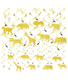 12 Pcs Golden Glitter Jungle Safari Zoo Animal Party Swirls Hanging Decorations For Forest Baby Shower & Birthday Party Decorations